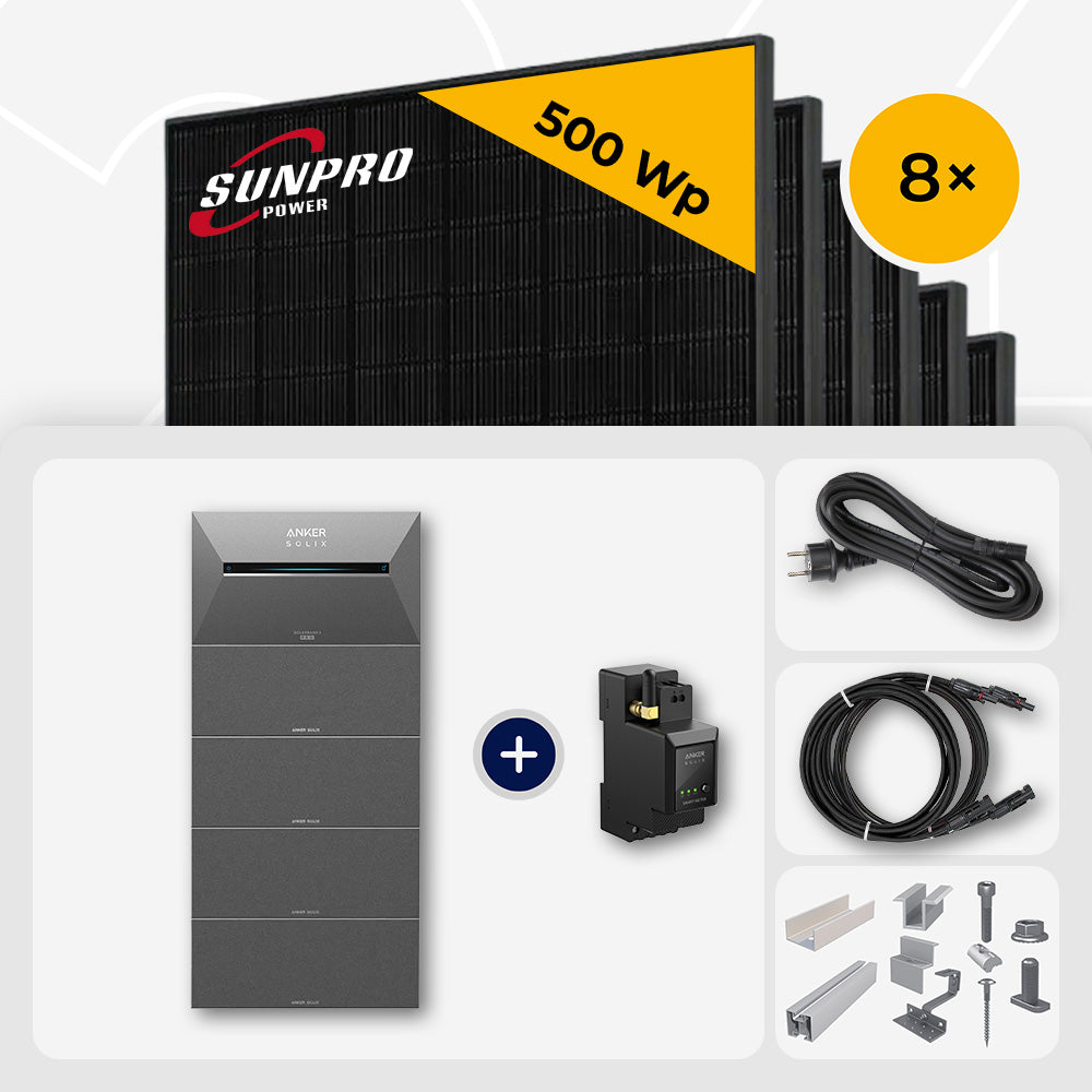 4000 Wp Balkonkraftwerk mit Speicher - 8x SunPro 500 Wp Full Black bifazial & Anker Solix Solarbank 3 Pro