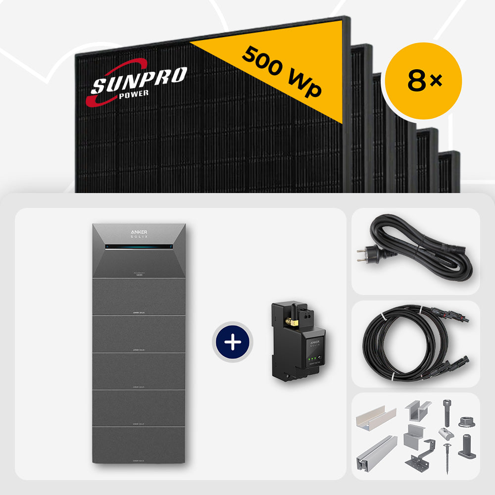 4000 Wp Balkonkraftwerk mit Speicher - 8x SunPro 500 Wp Full Black bifazial & Anker Solix Solarbank 3 Pro