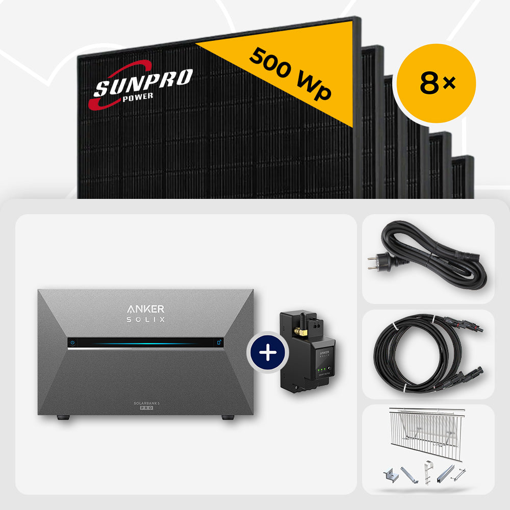 4000 Wp Balkonkraftwerk mit Speicher - 8x SunPro 500 Wp Full Black bifazial & Anker Solix Solarbank 3 Pro
