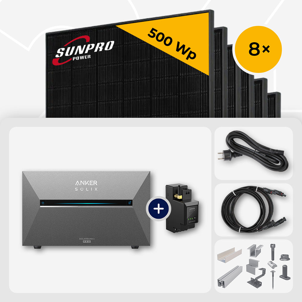 4000 Wp Balkonkraftwerk mit Speicher - 8x SunPro 500 Wp Full Black bifazial & Anker Solix Solarbank 3 Pro