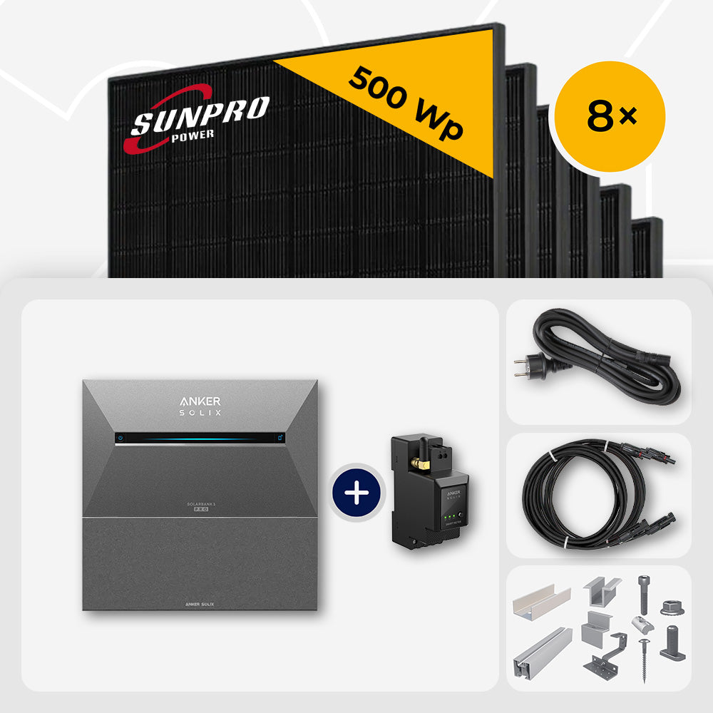 4000 Wp Balkonkraftwerk mit Speicher - 8x SunPro 500 Wp Full Black bifazial & Anker Solix Solarbank 3 Pro