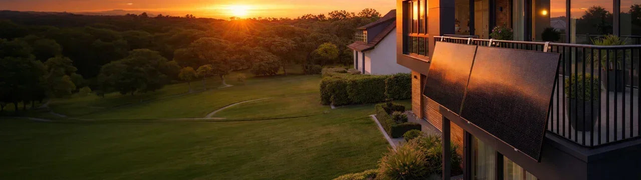 Balkonkraftwerk Solarmodule am Haus im Sonnenuntergang