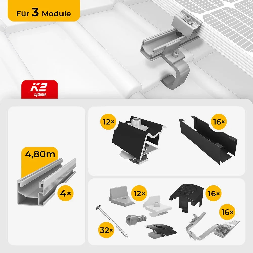K2 Systems Quermontage Schrägdach Montageset für 3 Solarmodule