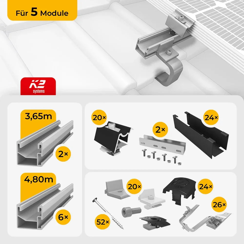 K2 Systems Quermontage Set Schrägdach für 5 Solarmodule