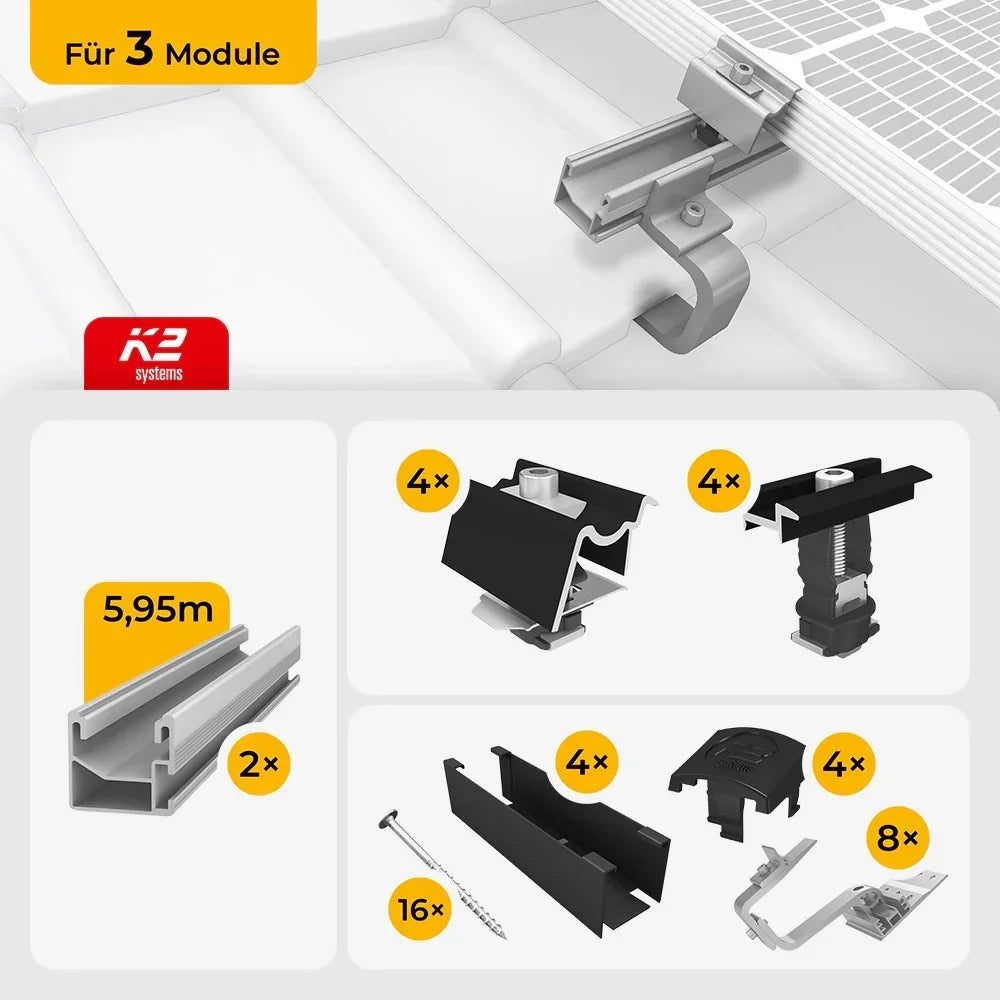 K2 Systems Schrägdach Montageset für 3 Solarmodule