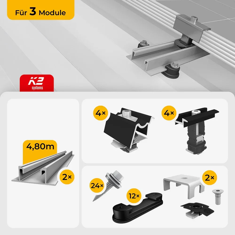 K2 Systems Trapezblech Montageset für 3 Module, 4,80m Schienen