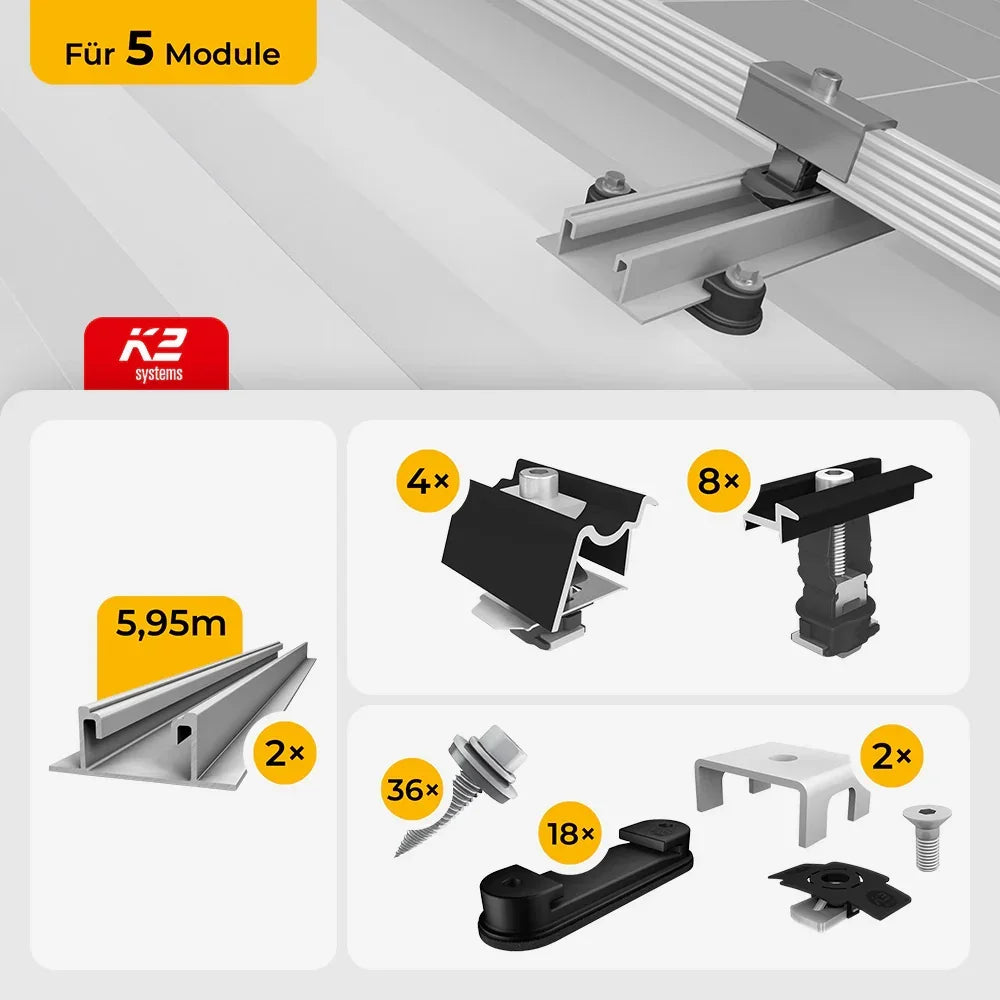 K2 Systems Trapezblech Montageset für 5 Module, 5,95m Schienen