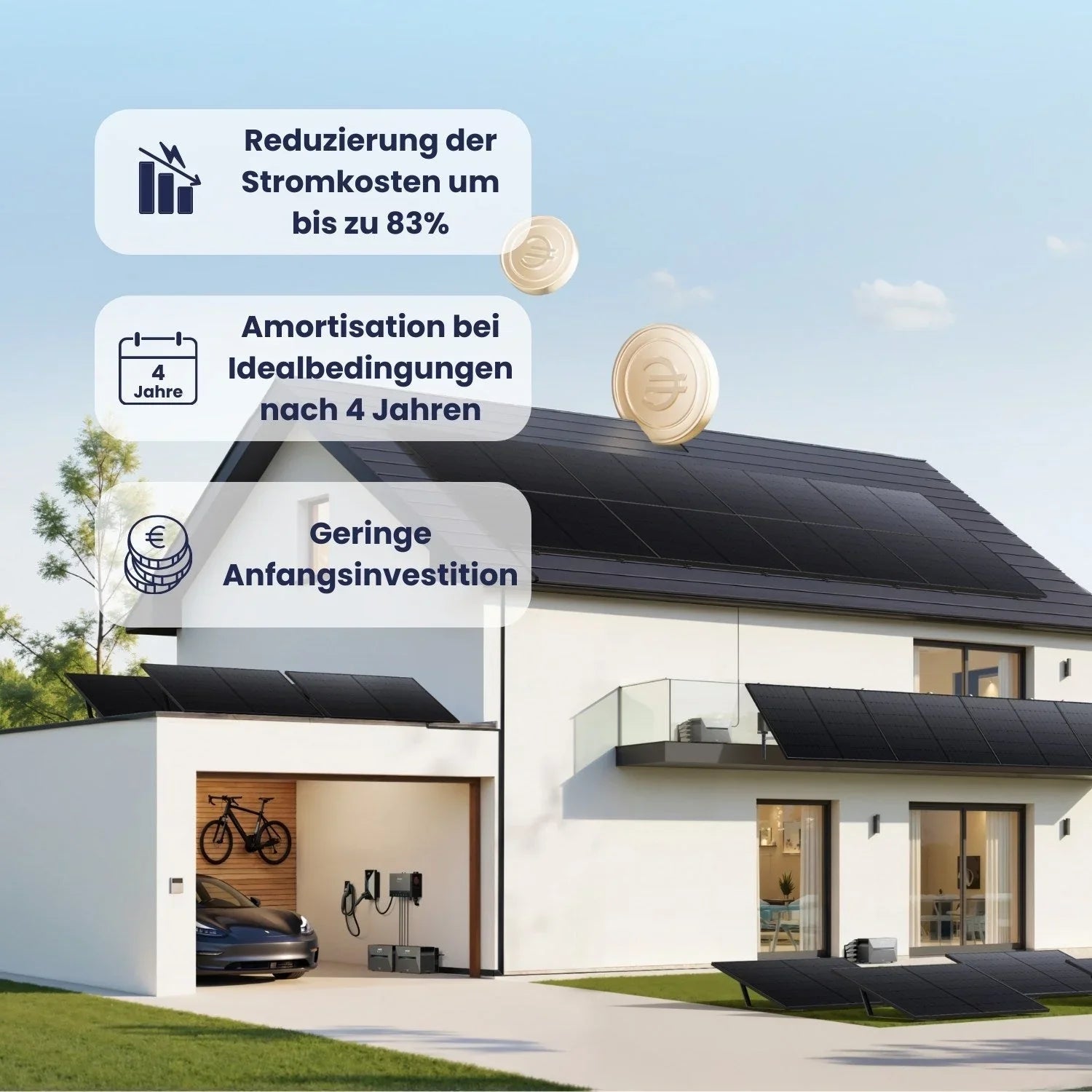 Haus mit Solaranlage auf Dach und Balkon, PV-Module, modernes Design