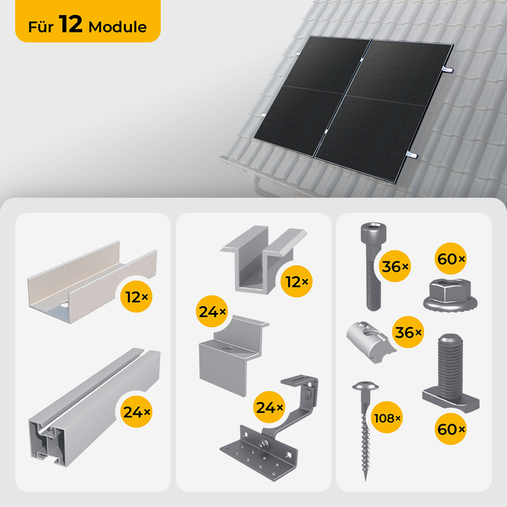Ziegeldach Montageset für 12 Solarmodule