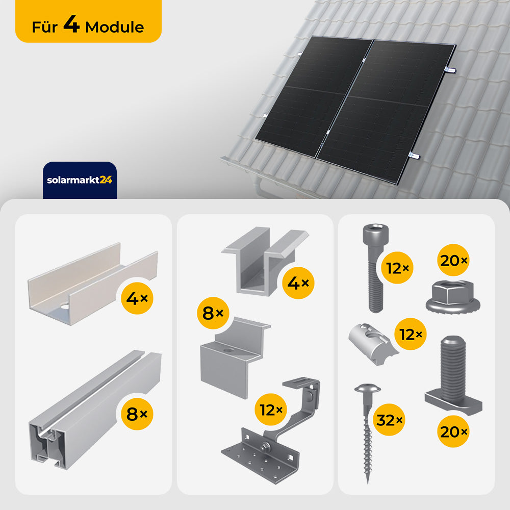Ziegeldach Montageset für 4 Solarmodule